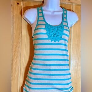 2/$30 L.e.i. Y2K Striped Teal &Cream Women's long line Tank Top, size junior XL